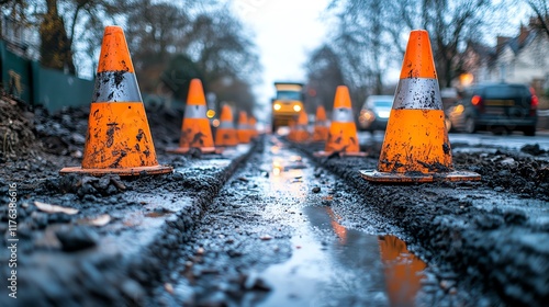 Construction site with orange cones and muddy road after rainy weather. photo