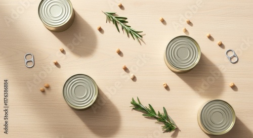 Cans with herbs and dry ingredients laid out on wooden surface photo