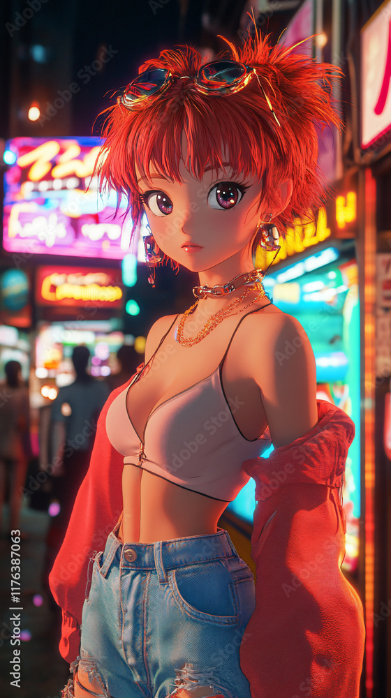 Obraz premium 80s city pop anime artwork stylish red hair character neon-lit urban retro vibe vibrant nightlife aesthetic wallpaper Japanese girl woman cute manga comic cartoon 1980s teen blush lofi music cover