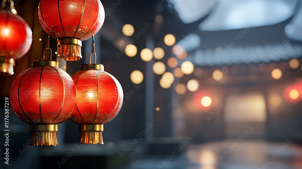 Glowing red lanterns hanging in a peaceful and tranquil temple courtyard creating a serene and enchanting atmosphere under the night sky Glowing red lanterns hanging in a peaceful and tranquil temple courtyard creating a serene and enchanting atmosphere under the night sky