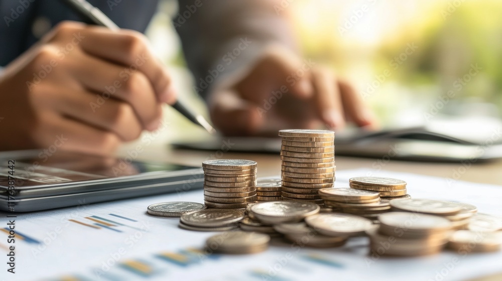 Financial planning actions office setting business content professional environment close-up view investment strategies Financial planning actions office setting business content professional environment close-up view investment strategies