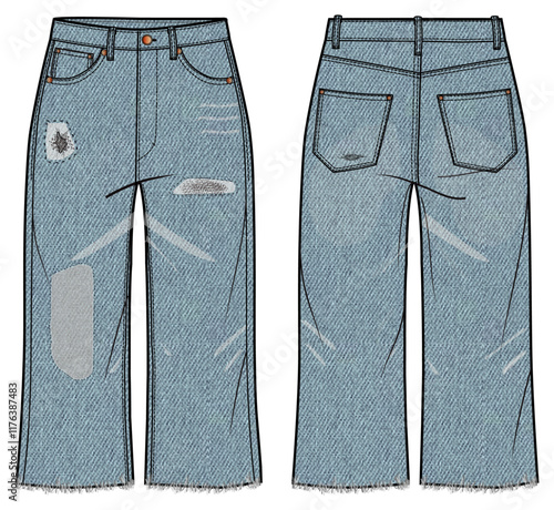 Women’s  Jeans, Denim pant, Front and Back View Vector Fashion Illustration , CAD, Technical Drawing, Flat Drawing, Mockup, Template.