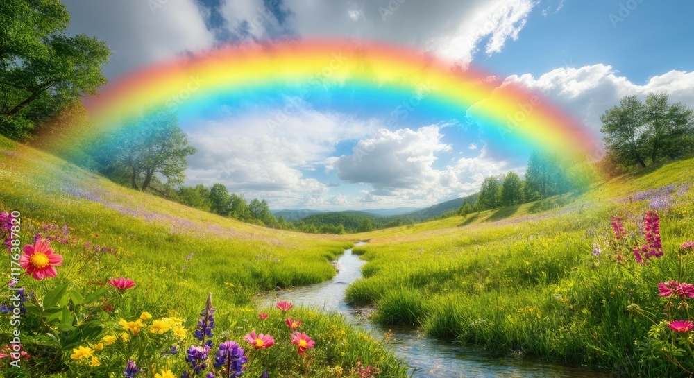 Colorful rainbow over vibrant, flower-filled meadow with serene stream and lush greenery under partly cloudy sky Colorful rainbow over vibrant, flower-filled meadow with serene stream and lush greenery under partly cloudy sky