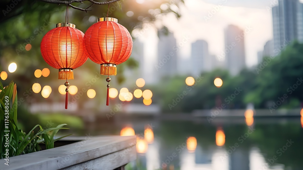 Obraz premium Glowing red lanterns reflected in the calm waters of a serene lakeside scene creating a captivating and atmospheric display of traditional Chinese festival lighting