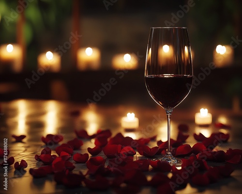 Romantic Candlelit Dinner with Wine Glass and Red Rose Petals Scattered on the Table photo