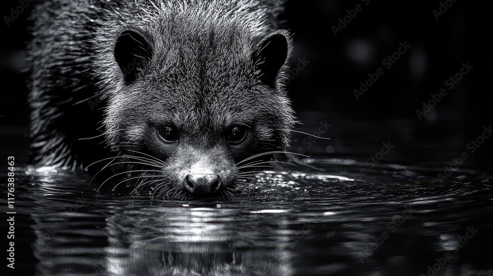 Obraz premium Binturong drinking gracefully from a crystal-clear stream