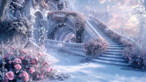 Winter marble stairs and arches with flower and leaves garlands, fantasy fairy palace, heaven stone stair with floral decorations, fairytale princess castle interior, AI generated image