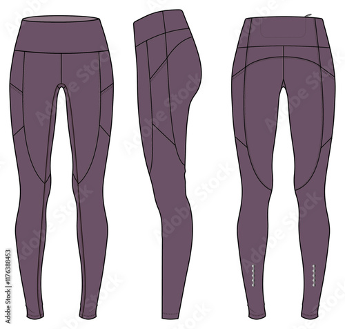Women’s sports legging, fashion flat sketch vector illustration, cad, technical drawing, flat drawing, template, mockup.