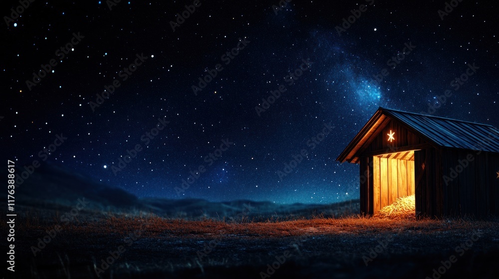 A wooden stable under a dark blue starry night sky, softly illuminated by a warm glow from within, symbolizing the birth of Jesus Christ, with ample copy space A wooden stable under a dark blue starry night sky, softly illuminated by a warm glow from within, symbolizing the birth of Jesus Christ, with ample copy space
