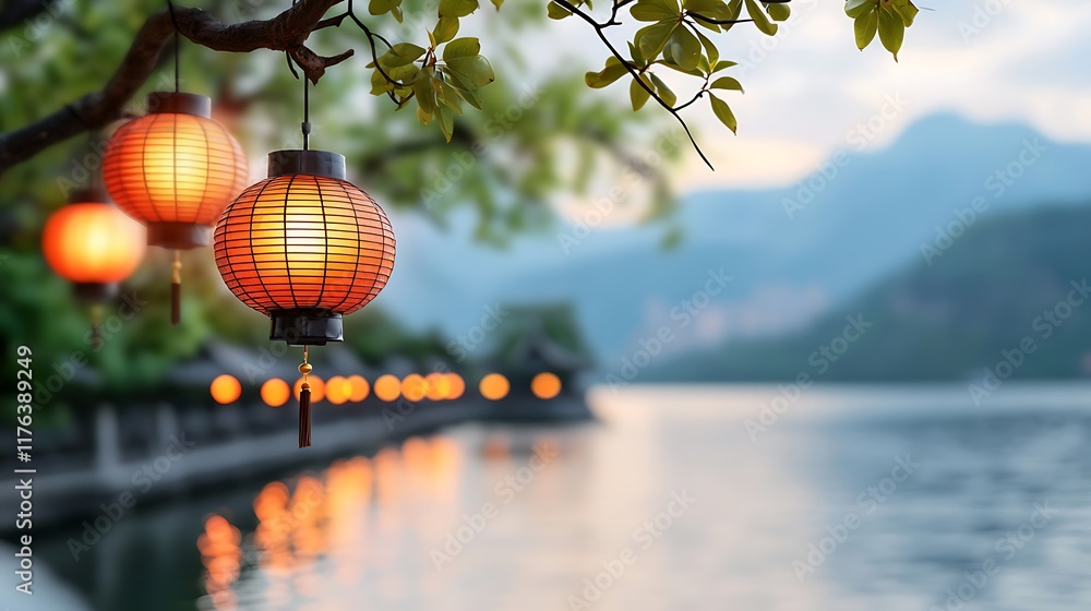 Fototapeta premium Glowing red paper lanterns lining a serene and tranquil lakeside promenade reflecting in the calm waters at dusk The scene evokes a peaceful atmospheric and traditional Asian aesthetic