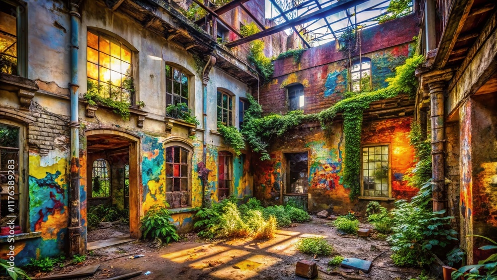 Fototapeta premium Urban Exploration: Colorful Graffiti Art on Abandoned Building Walls - Vivid Street Photography