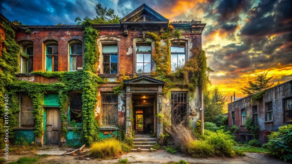 Obraz premium Urban Exploration: Contrasting Worlds - Front and Back of Abandoned Building