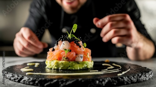 Salmon and shrimps tartare served with avocado, caviar and micro greens, on a ceramic plate, Seafood appetizer photo for premium restaurant menu, commercial banner with copy space, AI generated image