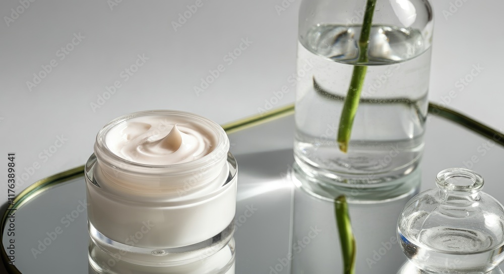 Face cream jar on mirrored surface with glass bottle and plant stem Minimalist skincare setup