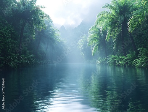 A serene river scene surrounded by lush greenery and misty atmosphere, evoking tranquility and nature's beauty.