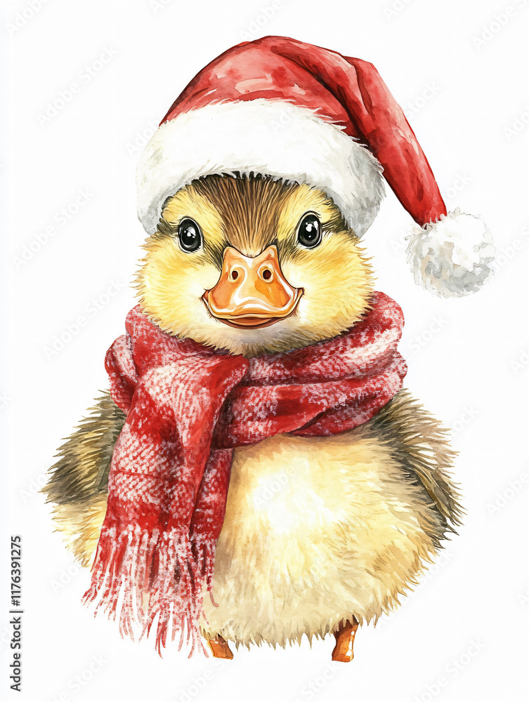 Watercolor illustrations festive little chick duckling Santa hat scarves Christmas decoration holiday card cheerful seasonal design clipart white background greeting invitation nursery room decor Watercolor illustrations festive little chick duckling Santa hat scarves Christmas decoration holiday card cheerful seasonal design clipart white background greeting invitation nursery room decor