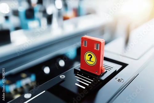 Concept of injury prevention or safety workplace. A bright red USB drive is inserted into a sleek black device, highlighting modern technology in a professional setting. photo