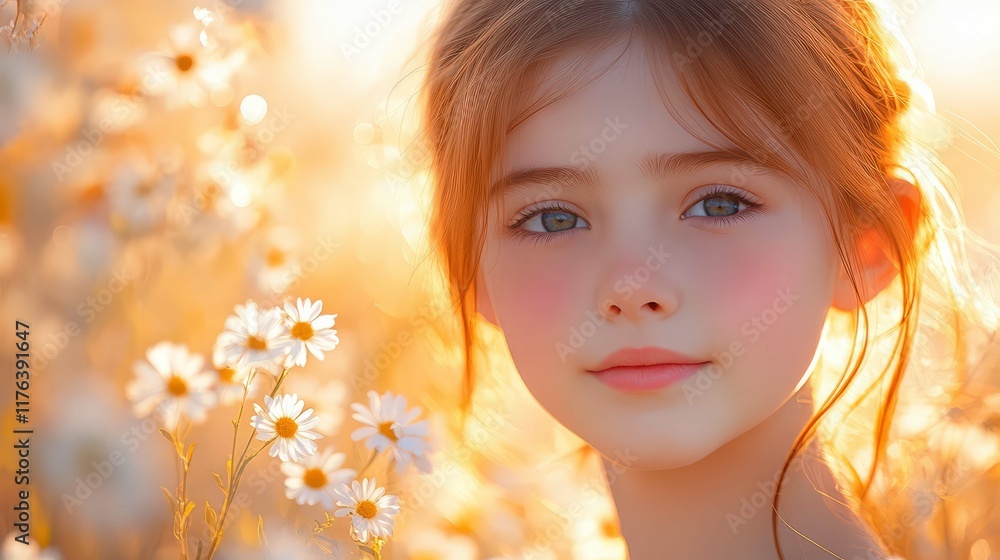 Fototapeta premium A young girl surrounded by blooming flowers in soft, warm light.