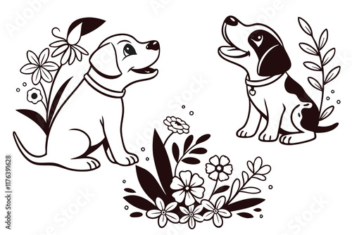 Cute dog illustrations, black and white silhouettes, puppy portraits, floral accents, smiling dogs, happy expressions D