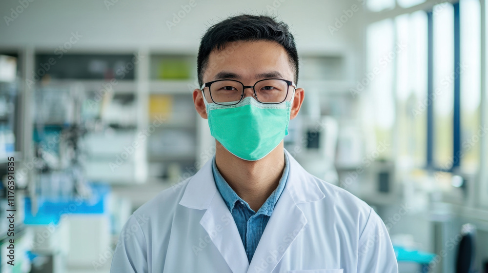 young man in lab coat and green mask stands confidently in laboratory, showcasing professional atmosphere. His glasses add to scholarly look, emphasizing commitment to health and safety young man in lab coat and green mask stands confidently in laboratory, showcasing professional atmosphere. His glasses add to scholarly look, emphasizing commitment to health and safety