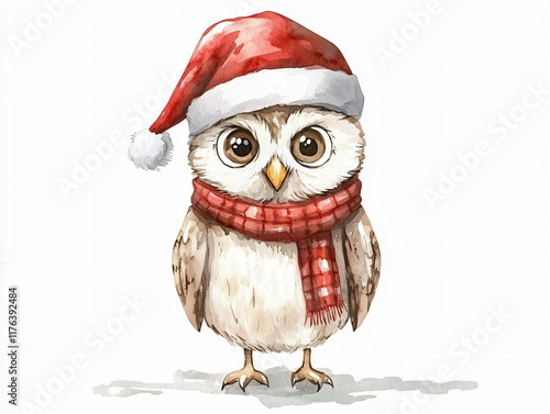 Cute watercolor illustration owl Santa hat scarf Christmas design holiday decor winter season greeting festive animal art seasonal clipart white background bird pet Adorable greeting invitation card