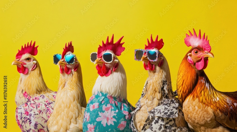 Fototapeta premium Chickens in fashionable attire with bold colors and patterns, isolated on a bright solid background, perfect for fun and playful designs