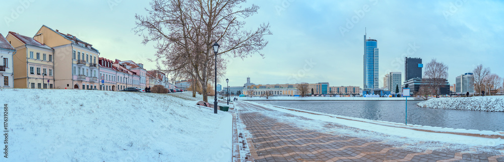 Minsk city in winter. Historical center in snow. Minsk city in winter. Historical center in snow.