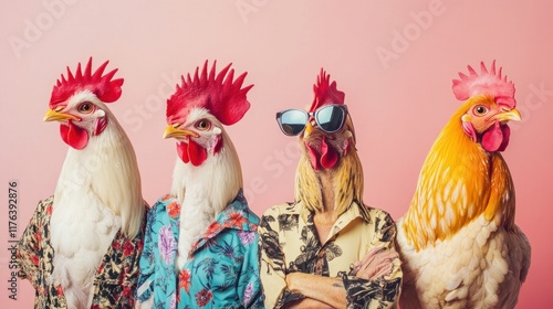Wallpaper Mural Chickens in trendy and colorful clothing, set against a solid pastel background, creating a humorous and artistic visual for marketing Torontodigital.ca