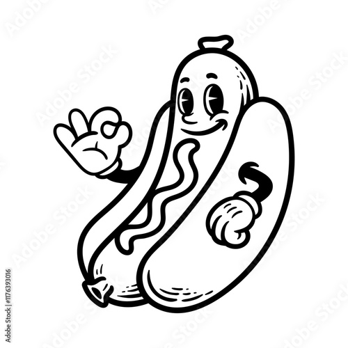fun vintage hotdog cartoon character isolated drawing line art style sketch classic design illustration