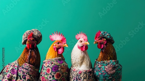 Wallpaper Mural Chickens modeling vibrant and trendy outfits, featuring funky hats and vibrant patterns, set on a solid green background for a fun visual concept Torontodigital.ca