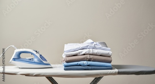 Stack of neatly ironed clothes and iron on ironing board