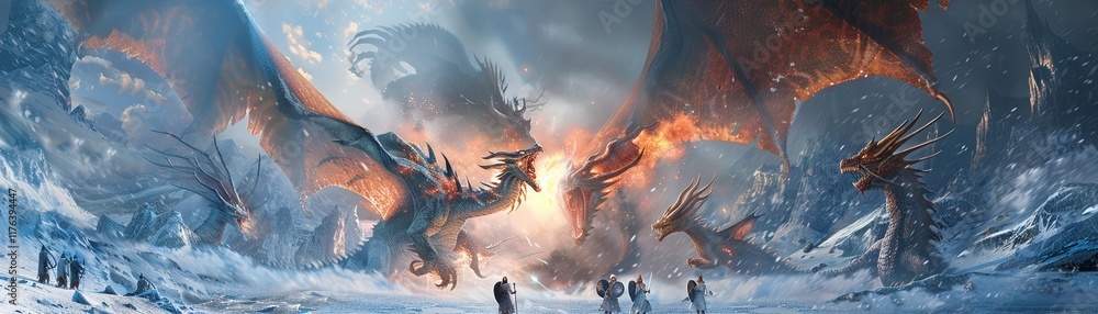 Fototapeta premium An epic battle between fire and ice dragons above a frozen landscape