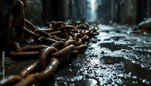 Rusting chains lay strewn across a slick, puddle-filled alleyway suggesting captivity and a somber history photo