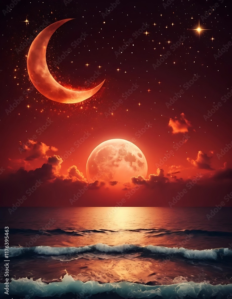 Naklejka premium Crimson Moonlit Ocean Night Sky Celestial Scene
