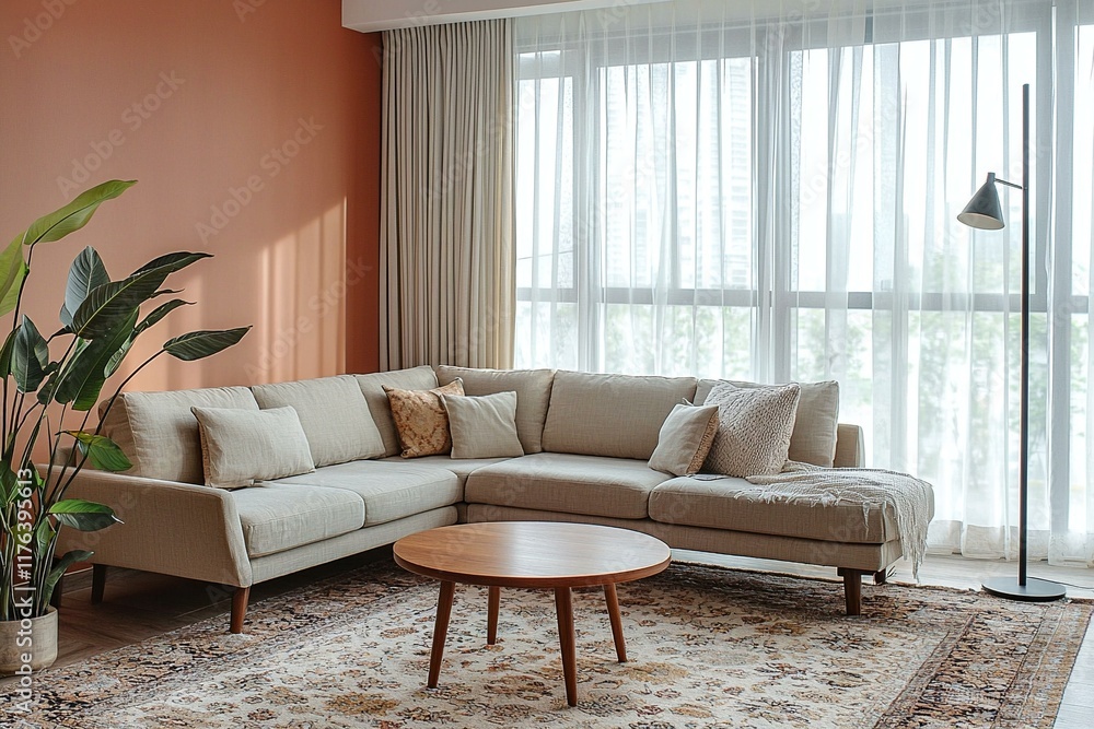Fototapeta premium A modern minimalist interior design in the living room with orange-lined walls and beige sofas. Generative AI 