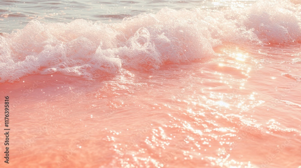 Fototapeta premium Closeup of a clear pink water surface with smooth waves, soft splashes, and bubbles, illuminated by coral hues in sunlight, perfect for a summer background