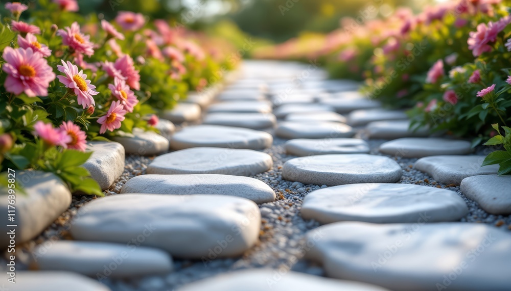 Stone Path Leading Through a Garden of Pink Flowers Under a Warm Sunlight Stone Path Leading Through a Garden of Pink Flowers Under a Warm Sunlight