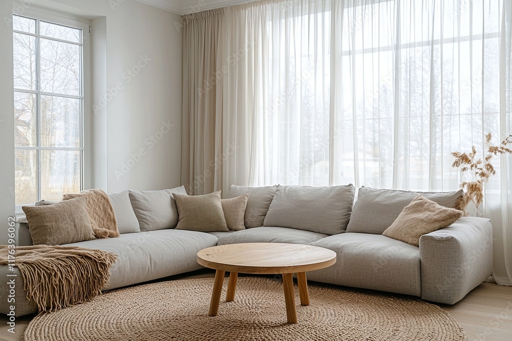 Fototapeta premium Minimalist, modern Scandinavian interior design of the living room with windows and curtains visible and sofa. Generative AI 