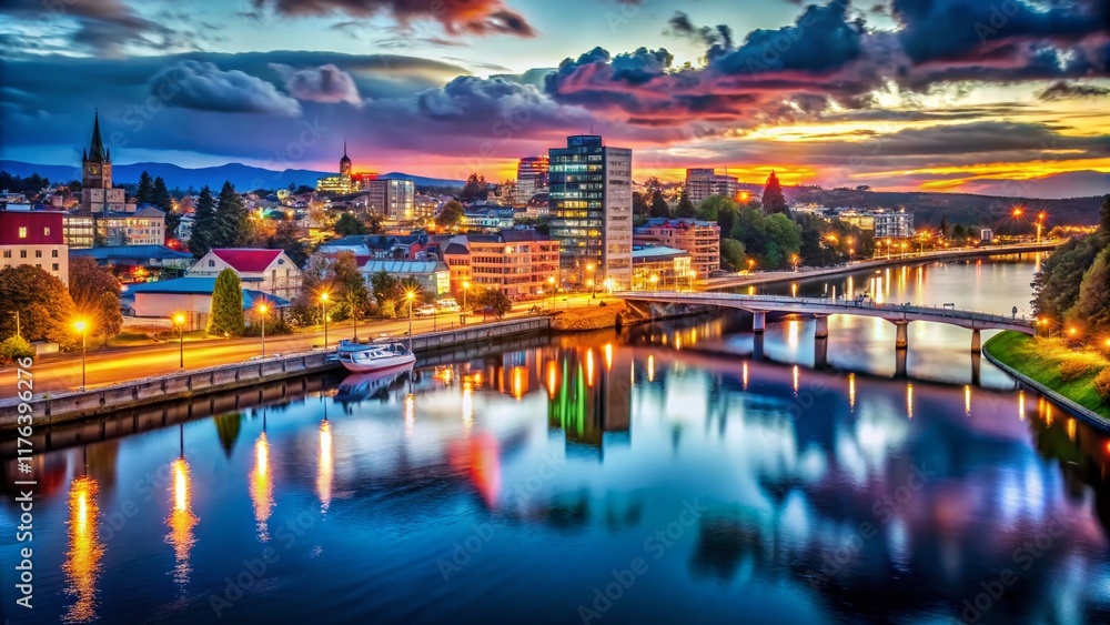 Fototapeta premium Valdivia, Chile Night Photography: Illuminated River & Cityscape