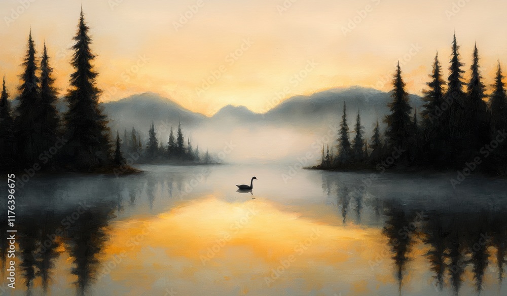 Fototapeta premium Serene Lake at Sunrise with a Lone Swan and Majestic Mountains