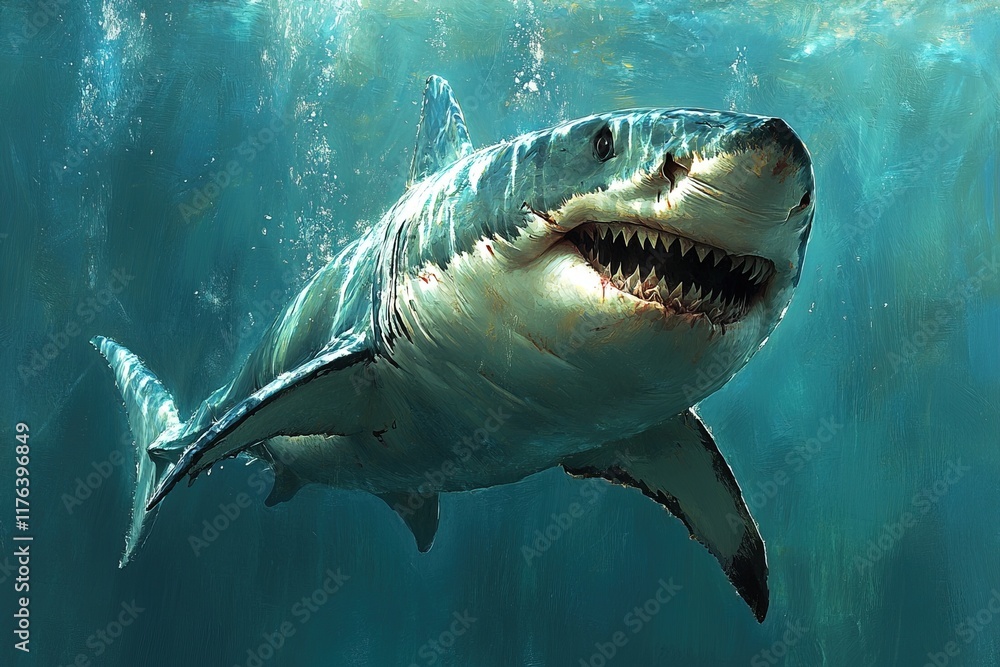 Naklejka premium A realistic depiction of a great white shark swimming underwater, showcasing its powerful presence.