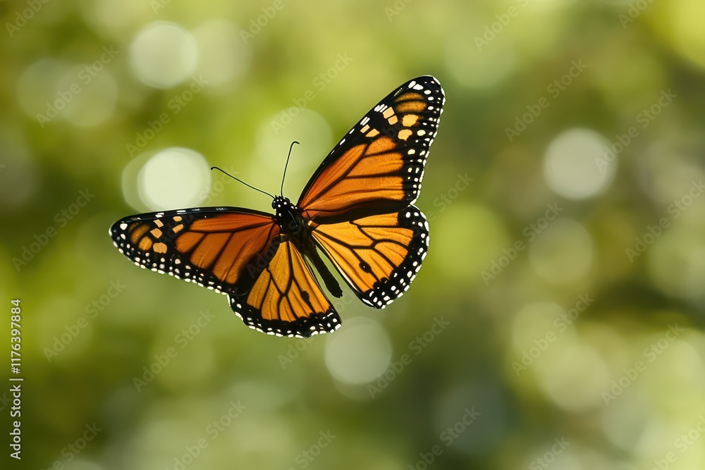 Fototapeta premium A butterfly in mid-flight, its wings glowing against a blurred green background.