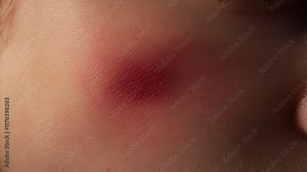 Fototapeta premium close up image of bruised area on skin, showing red and purple discoloration. texture of skin is visible, highlighting impact of bruise