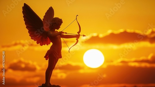 Cupid's silhouette poised with an arrow, framed by the golden-yellow hues of a glowing sunset, evoking a sense of romance
