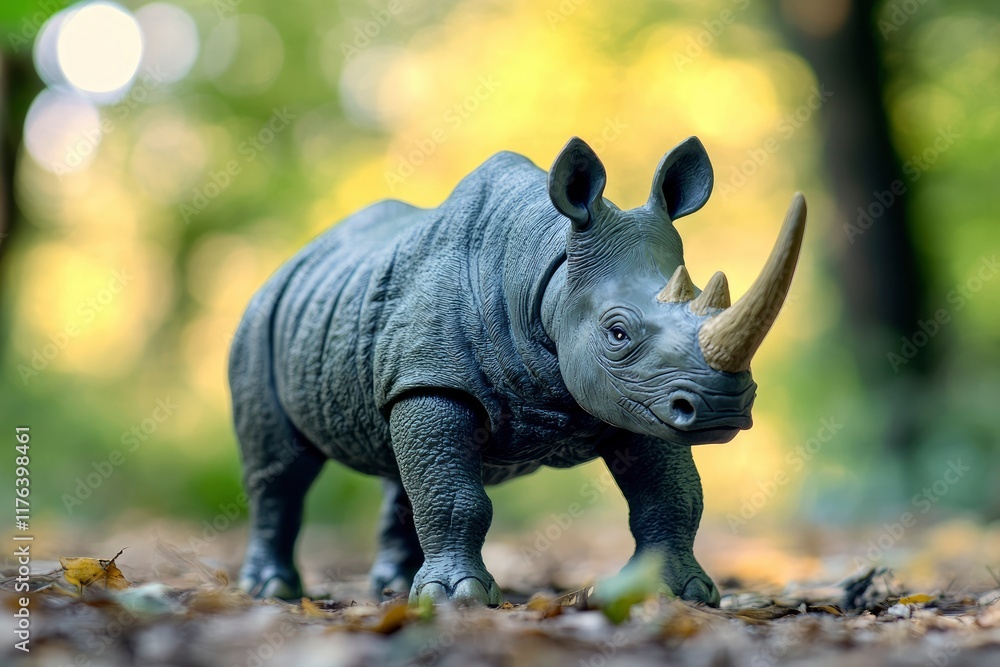 Fototapeta premium Rhinoceros toy action figure full body front view with blur forest background. World Rhino Day. World Wildlife Day. 