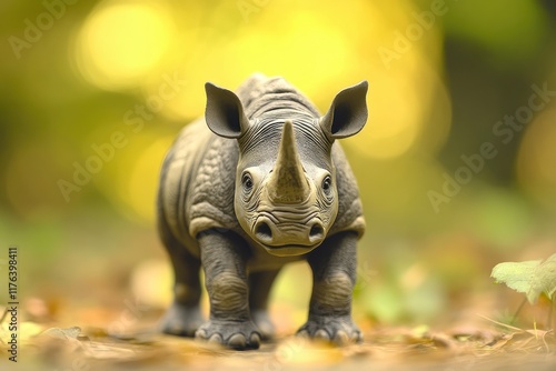 Rhinoceros toy action figure full body front view with blur forest background. World Rhino Day. World Wildlife Day.  photo