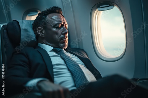 A businessman dealing with pain or stress while traveling on an airplane, sitting in his seat with a weary expression, surrounded by the quiet atmosphere of the cabin.
