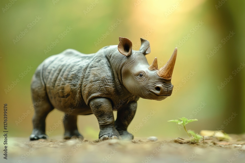 Fototapeta premium Rhinoceros toy action figure full body front view with blur forest background. World Rhino Day. World Wildlife Day. 