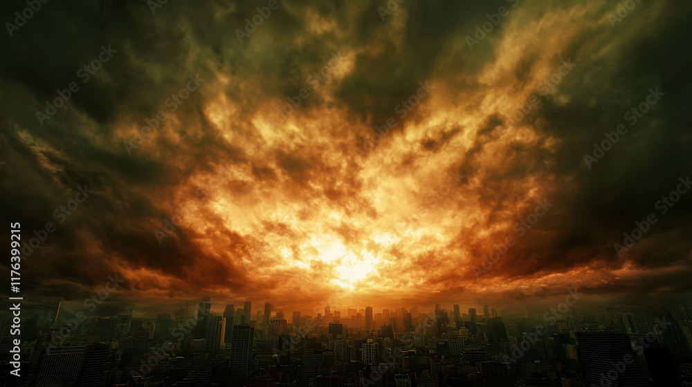 Obraz premium Dark Clouds Over Cityscape Signifying Pollution After the End of the World