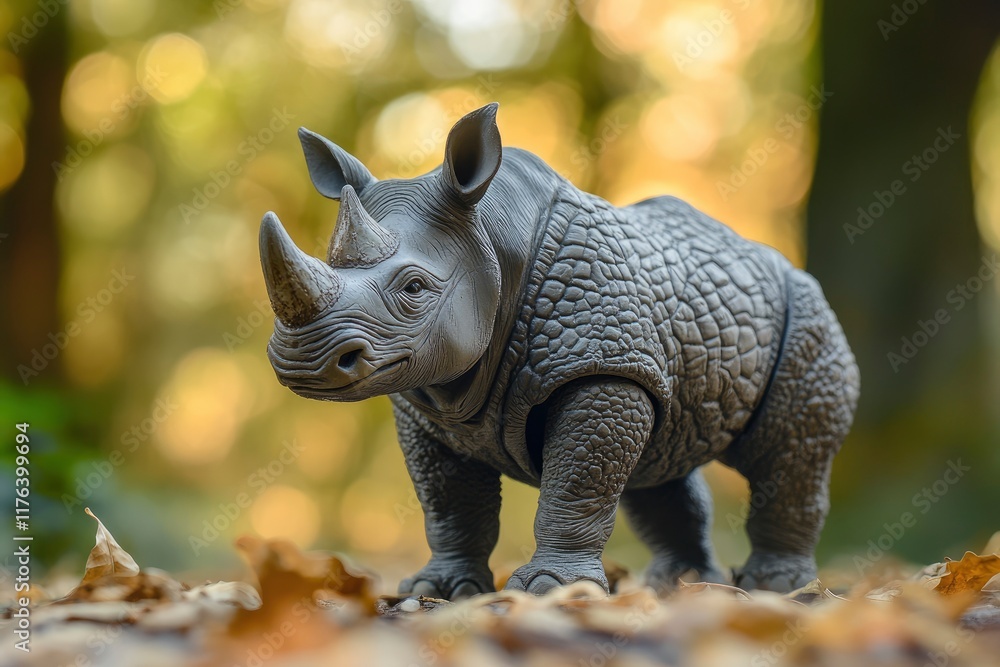 Fototapeta premium Rhinoceros toy action figure full body front view with blur forest background. World Rhino Day. World Wildlife Day.